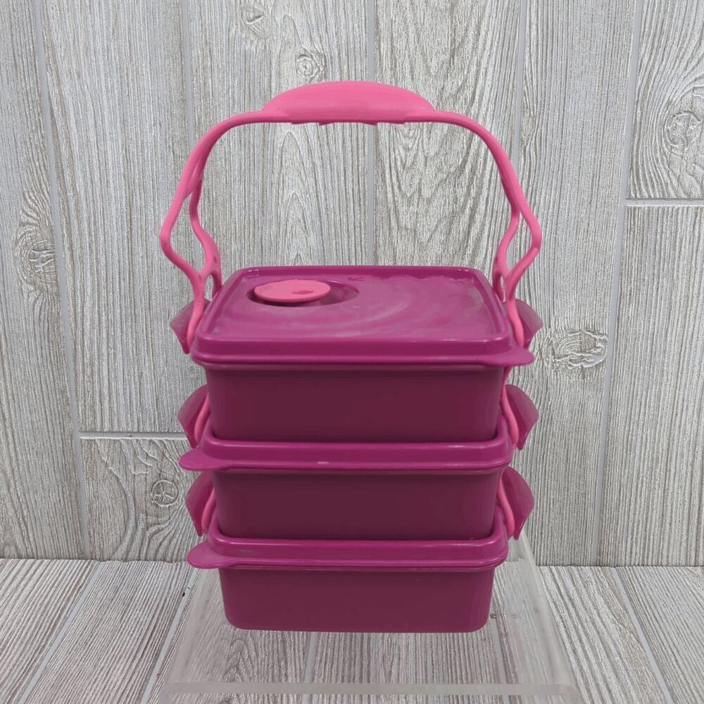 Vintage Tupperware Set of 3 Stackable Square Containers with Cariolier Pink